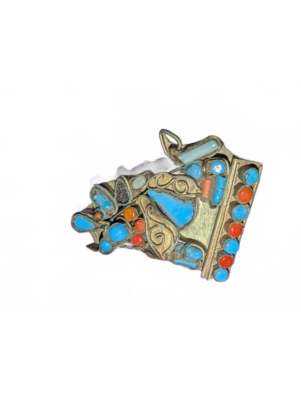 Vintage Southwestern Style Turquoise and Coral Stone Brooch Pin